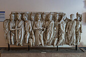 High relief carving on a sarcophagus in the Farnese Collection, National Archaeological Museum of Naples, Naples, Italy. Depicted are men and women in togas.
