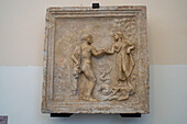 A bas relief of Greek mythology in the Farnese Collection, National Archaeological Museum of Naples, Naples, Italy. Depicted is Perseus and Andromeda, with Perseus holding the head of Medusa.
