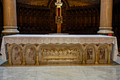 Carved marble main altar of the Metropolitan Cathedral of Medellín, Medellin, Colombia. Depicted is the Last Supper.