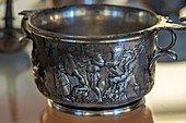 1st Century bronze scyphus or wine cup in the Vesuvian Life Gallery, National Archaeological Museum of Naples, Naples, Italy.