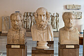 Marble busts in the Farnese Collection, National Archaeological Museum of Naples, Naples, Italy. L-R: Thucydides, Homer, & unknown.
