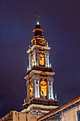 The bell tower of the Church and Convent of San Francisco at night in Salta, Argentina.