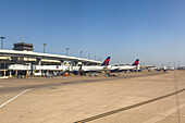 Airliners at the terminal at the Dallas Fort Worth International Airport near Dallas, Texas.