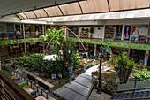 A planted open-air atrium in the food court of a shopping mall in downtown Medellin, Colombia.