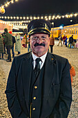 A conductor for the Polar Express of the Durango & Silverton Narrow Gauge Railroad at Christmas in Durango, Colorado.
