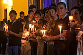 Procession of the Holy Sepulchre, Good Friday. Easter week. Santa Fe de Antioquia. Holy Week in Santa Fe de Antioquia. The celebration of this Catholic tradition in this municipality in the department of Antioquia, Colombia, is one of the most important in the country. The processions through its old cobblestone streets are a tradition dating back to the colonial era and are accompanied by the smoke of incense and the songs and prayers of the penitents who accompany them.