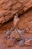 A balancing rock cairn in the Amphitheater or Anfiteatro on RN 68 in the Quebrada de las Conchas, Argentina.