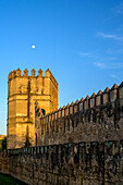 As the sun sets in Seville, the full moon rises over La Macarena, beautifully lighting up the historic architecture.