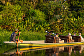 Fotografen auf einer Wildtierbeobachtungstour in einem Kanu im Napo Wildlife Center im Yasuni-Nationalpark, Ecuador.