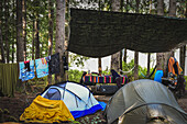 Zelte an einer Wäscheleine inmitten von Bäumen auf einem Zeltplatz im Wald