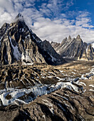 Aerial view of majestic snow-capped peaks and glaciers in a breathtaking alpine landscape, Concordia, Gilgit Baltistan, Pakistan.