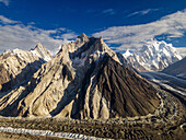 Aerial view of majestic snow-covered peaks and vast alpine landscape at Concordia, Skardu, Gilgit Baltistan, Pakistan.