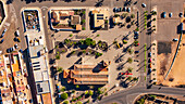 Aerial view of La Oliva town featuring a beautiful church and traditional village architecture with palm trees, Fuerteventura Island, Canary Islands, Spain.
