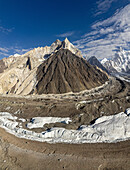 Aerial view of majestic peaks and glaciers in a breathtaking alpine landscape, Concordia, Gilgit Baltistan, Pakistan.
