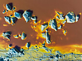 Aerial view of colorful and abstract patterns of Rio Tinto with unique rock formations, Berrocal, Huelva, Spain.