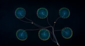 Aerial view of a panoramic salmon farm with abstract geometry and beautiful patterns in water, Sorstraumen, Troms, Norway.