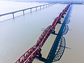 Aerial view of hardinge bridge over padma river with steel truss structure, Ishwardi, Pabna, Bangladesh.