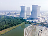 Aerial view of rooppur nuclear power plant with cooling towers and modern infrastructure, Ishwardi, Pabna, Bangladesh.