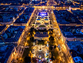 Aerial view of vibrant downtown Zagreb illuminated by festive lights during the Advent festival, Zagreb, Croatia.