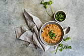 Savoury beef stroganoff with tender slices of meat in a creamy sauce, elegantly garnished with freshly chopped coriander in a separate bowl, creating a visually appealing dish