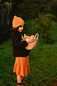 A child with an orange hat and dark jumper is holding a basket full of oranges. It stands on lush green grass and creates a lively autumn or fall scene in the garden.