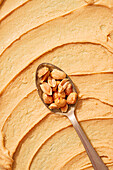 Top view of a spoonful of raw, shelled peanuts resting on a smooth peanut butter surface that highlights the rich texture and vibrant colour contrast.