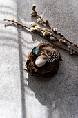 Top view of a small, artistically designed nest with eggs decorated with colourful feathers, accompanied by willow branches on a textured grey background that captures the spirit of Easter.