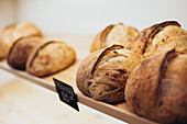 A tantalising selection of freshly baked breads displayed on a wooden shelf in a bakery, the golden crust and artisan craftsmanship standing out in the warm ambient light
