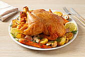 Ein goldbraun gebratenes ganzes Huhn wird auf einem weißen Teller mit gerösteten Kartoffeln, Karotten, Pilzen und Zitronenscheiben serviert. Eine köstliche, hausgemachte Mahlzeit, perfekt für besondere Anlässe.