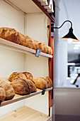 A delicious selection of freshly baked bread lies on wooden shelves in a cosy bakery. The warm lighting emphasises the inviting atmosphere and showcases the artisan breads in all their rustic glory