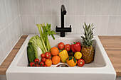 Eine bunte Ansammlung von frischem Obst und Gemüse, darunter Tomaten, Sellerie, Paprika und Ananas, in einer Küchenspüle mit einem modernen schwarzen Wasserhahn.