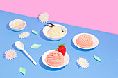 An inviting display of ice cream scoops in white bowls against a bright blue and pink split background. The scene is decorated with playful daisies and leaves, giving it a whimsical touch.