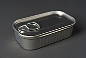 A rectangular metal tin can with a tear-off lid stands against a smooth grey background. The reflective surface of the tin catches the light and emphasises its elegant design.
