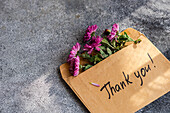 An elegant brown envelope contains a thank you note alongside bright pink flowers The composition rests on a textured grey surface that expresses gratitude