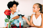A romantic dinner with a red rose in the centre and a couple in the background, toasting with glasses of wine and creating an intimate candlelit atmosphere.