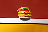 Delicious fried chicken burger with bold colours and a clear composition, perfect for fast food themes
