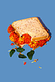 A whimsical sandwich with bright orange and yellow flowers is creatively displayed on a blue background, with nature providing visual fascination with culinary art.