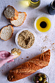Dukkah made from Australian throat seeds, served with olive oil and balsamic vinegar and crusty baguette bread.