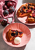 Plum cake, with ice cream, sunshine, natural shade