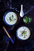 Okinawan-style vegan cream of mushroom soup made with shiitake mushrooms, plant-based milk and white miso paste.