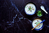 Okinawan-style vegan cream of mushroom soup made with shiitake mushrooms, plant-based milk and white miso paste.