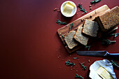 Ezekiel Sprouted Grains, high-protein, high-fibre bread without flour. Negative copy space.