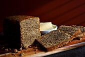 Ezekiel Sprouted Grains, high-protein, high-fibre bread without flour. Close-up.