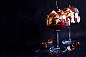 Black Forest cherries and chocolate trifles. Horizontal alignment with negative space.