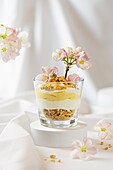 Layered dessert with yoghurt, muesli and flowers
