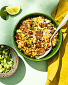 Creole rice with red beans and andouillette sausage