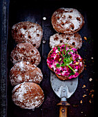 Mini Vinschgauer with beetroot spread