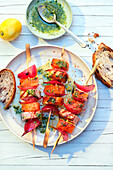 Pork belly shashlik with sherry onions and melon