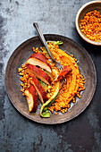 Chicken breast tandoori with lentils and sesame pointed cabbage