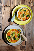 Colourful rice pan with sweet potatoes and broccoli